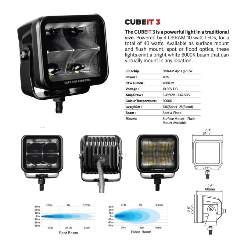 Go Rhino Blackout Series CUBEIT 3x3 LED Cube Flood Lights Model 750400321FCS - Image 3