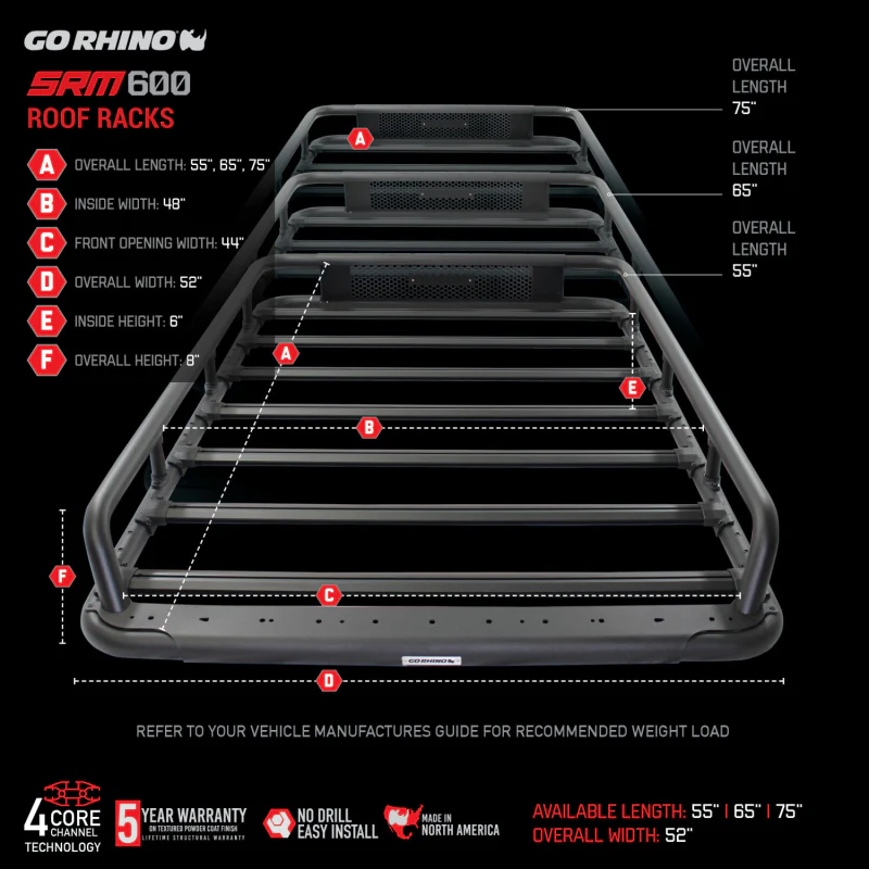 Go Rhino SRM600 75" Long x 52" Wide Tubular Basket Style Roof Rack Model 5936075T - Image 9
