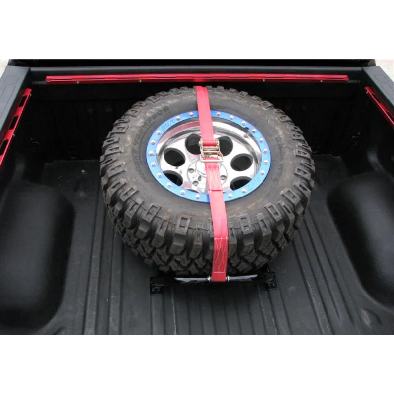 N-Fab Gloss Black Bed Mounted Rapid Strap Tire Carrier w/ Red Strap Model BM1TSRD - Image 3
