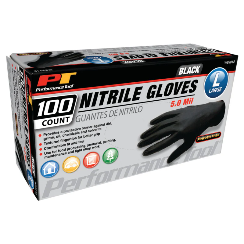 Performance Tool Performance Tool Disposable 5 Mil, Black Nitrile Gloves W/Textured Finger Tips-100/Bx-Size L Model W89012 - Image 2