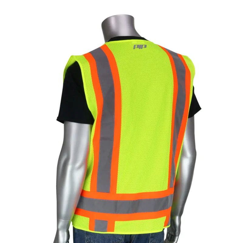 PIP Class 2 Solid/Mesh Vest, Zipper, 8 Pockets, Mic Tab, Two Tone Tape, Lime Yellow, 3XL Model 302-0500-YEL/3X - Image 2