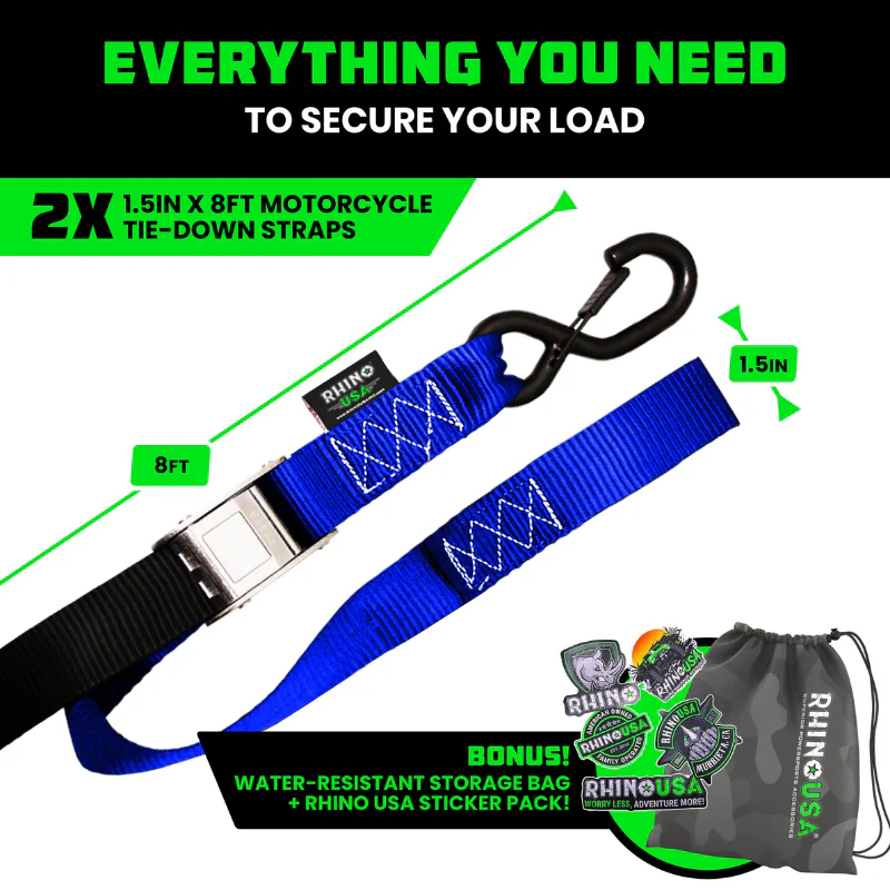 Rhino USA 1.5In X 8Ft Cambuckle Motorcycle Tie-Down Straps (2-Pack) Blue Model RNO-CAMSOFT-BLU - Image 3