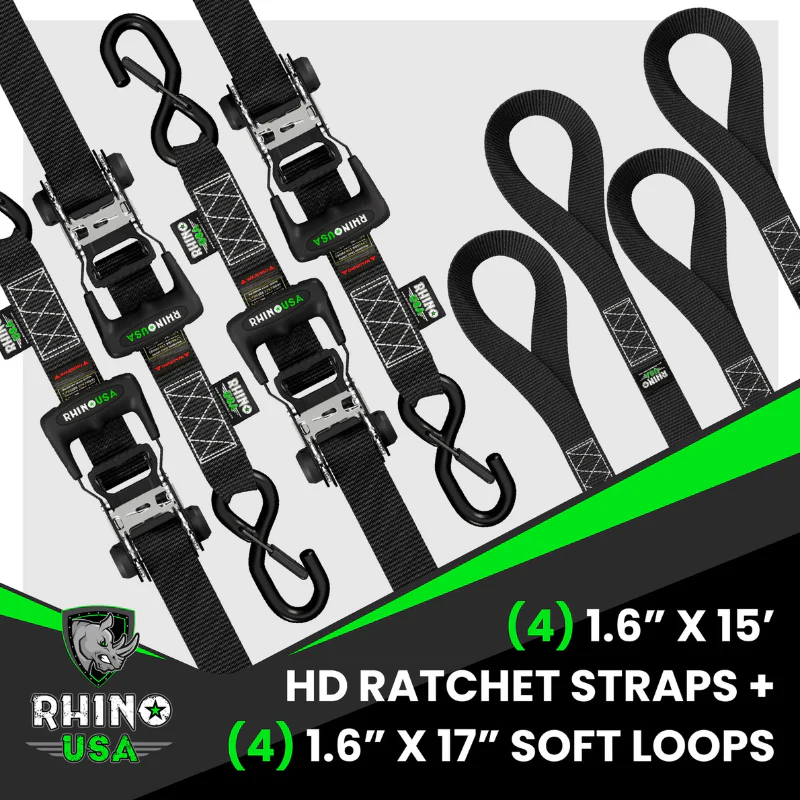 Rhino USA 1.6In X 15Ft Heavy Duty Ratchet Tie-Down (4-Pack) Black Model TD-GC1.6X15-BLK - Image 4