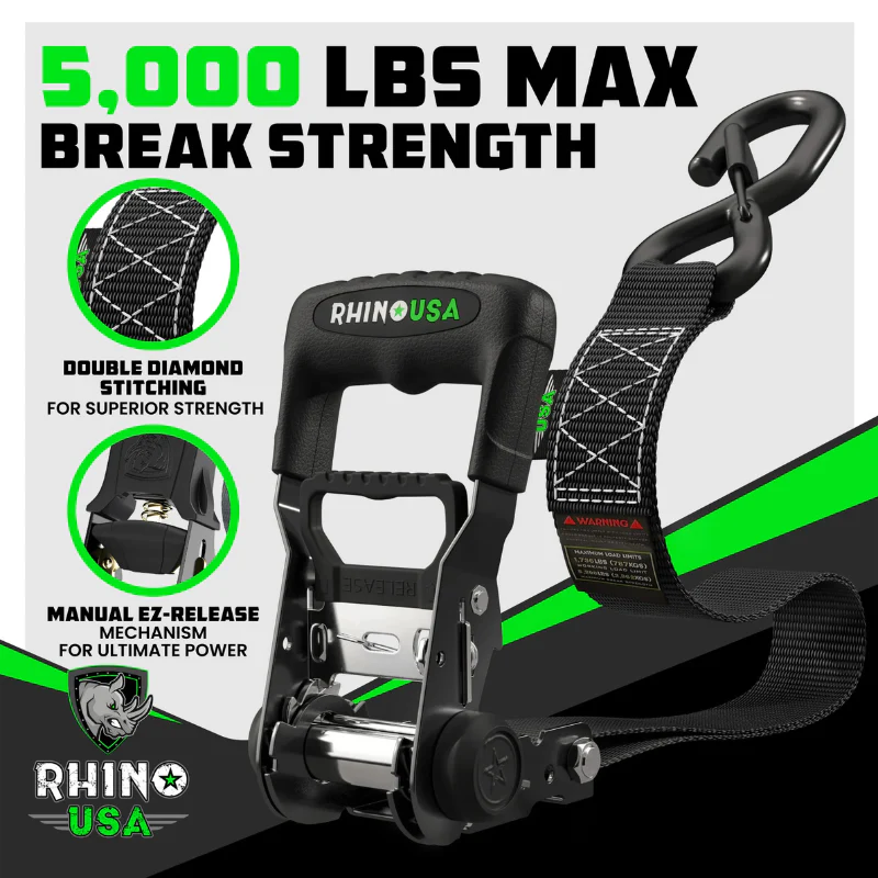 Rhino USA 1.6In X 15Ft Heavy Duty Ratchet Tie-Down (4-Pack) Black Model TD-GC1.6X15-BLK - Image 5