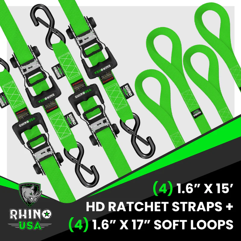 Rhino USA 1.6In X 15Ft Heavy Duty Ratchet Tie-Down (4-Pack) Green Model TD-GC1.6X15-GRN - Image 4