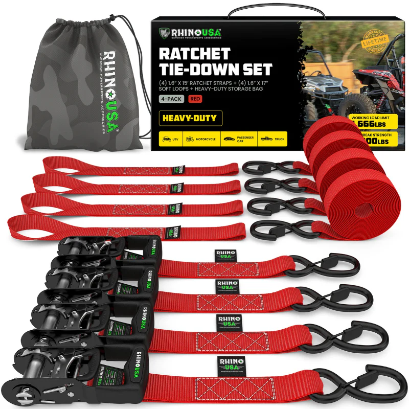 Rhino USA 1.6In X 15Ft Heavy Duty Ratchet Tie-Down (4-Pack) Red Model TD-GC1.6X15-RED - Image 2