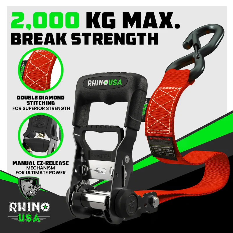 Rhino USA 1.6In X 15Ft Heavy Duty Ratchet Tie-Down (4-Pack) Red Model TD-GC1.6X15-RED - Image 5