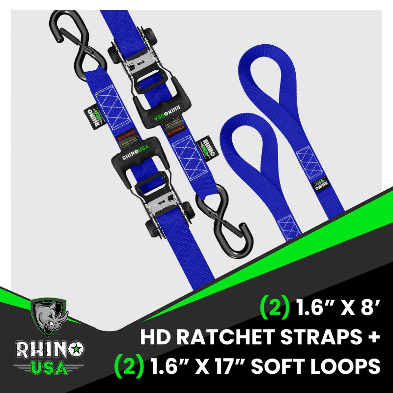 Rhino USA 1.6In X 8Ft Heavy Duty Ratched Tie-Down Set 2 Pack Blue Model HDKIT-2PK-BLU - Image 4
