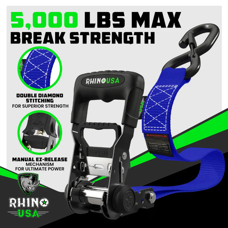 Rhino USA 1.6In X 8Ft Heavy Duty Ratched Tie-Down Set 2 Pack Blue Model HDKIT-2PK-BLU - Image 6