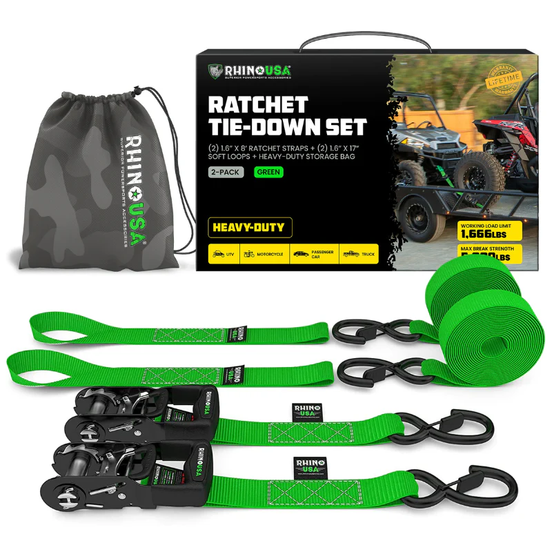 Rhino USA 1.6In X 8Ft Heavy Duty Ratchet Tie-Down Set (2-Pack Green) Model HDKIT-2PK-GRN - Image 2