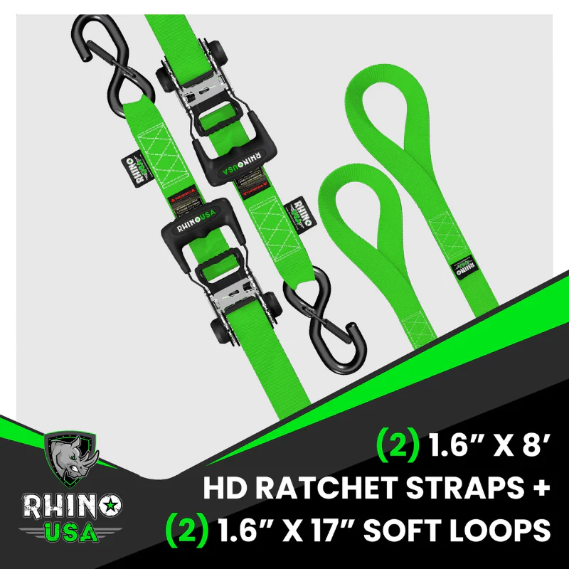 Rhino USA 1.6In X 8Ft Heavy Duty Ratchet Tie-Down Set (2-Pack Green) Model HDKIT-2PK-GRN - Image 4