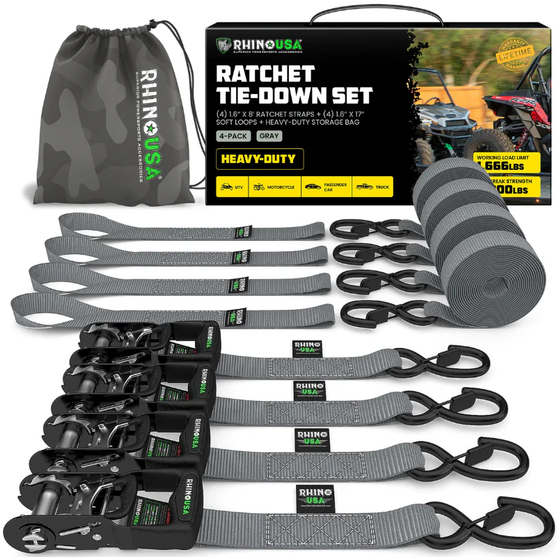 Rhino USA 1.6In X 8Ft Heavy Duty Ratchet Tie-Down Set (4 Pack) Gray Model HDKIT-4PK-GRY - Image 2