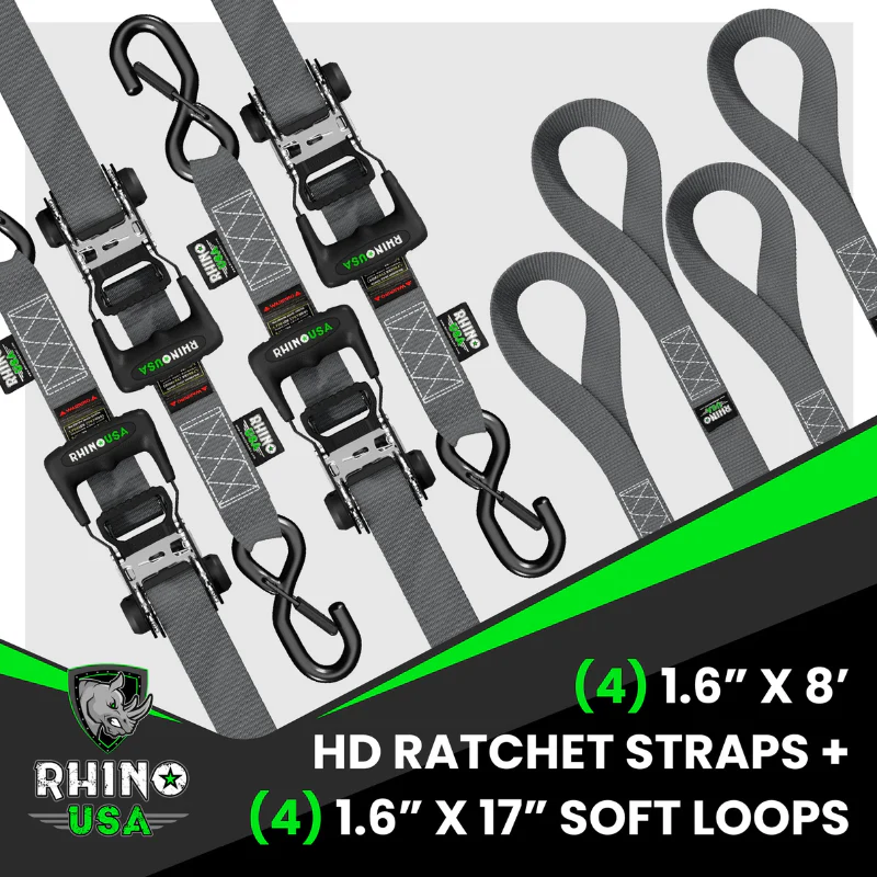 Rhino USA 1.6In X 8Ft Heavy Duty Ratchet Tie-Down Set (4 Pack) Gray Model HDKIT-4PK-GRY - Image 3