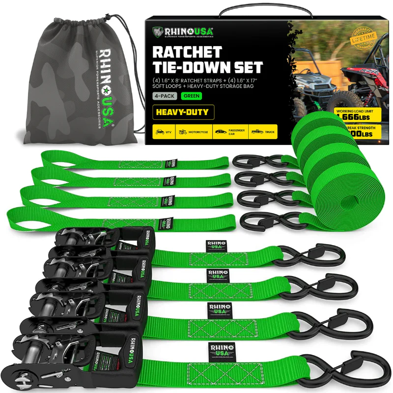 Rhino USA 1.6In X 8Ft Heavy Duty Ratchet Tie-Down (4-Pack) Green Model HDKIT-4PK-GRN - Image 2