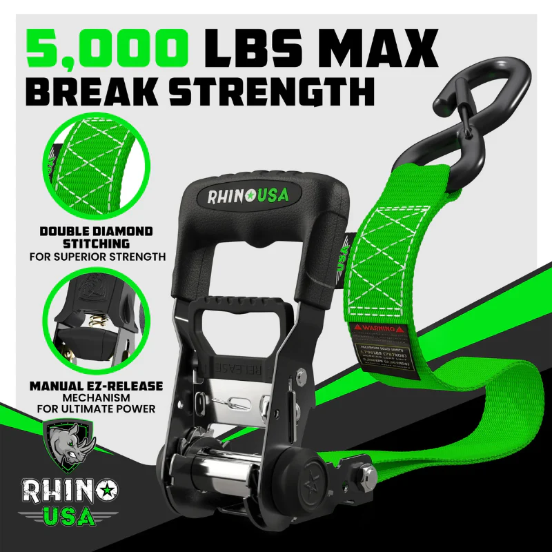 Rhino USA 1.6In X 8Ft Heavy Duty Ratchet Tie-Down (4-Pack) Green Model HDKIT-4PK-GRN - Image 5