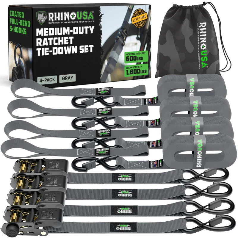 Rhino USA 1In X 15Ft Ratchet Tie-Down Set (4-Pack Gray) Model RCHT-4PACK-GRY - Image 2
