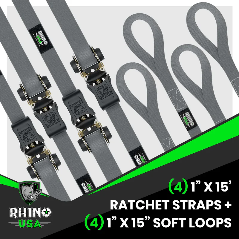 Rhino USA 1In X 15Ft Ratchet Tie-Down Set (4-Pack Gray) Model RCHT-4PACK-GRY - Image 4