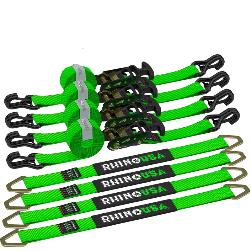 Rhino USA 2In X 8Ft Heavy Duty Vehicle Tie-Down Kit (J-Hook) Green Model 2IN-HDKIT-GRN