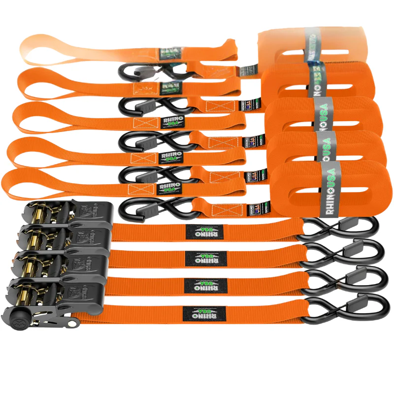 Rhino USA Medium Duty Ratchet Strap Tie-Down 1In X 15Ft (4-Pack) Orange Model RCHT-4PACK-ORG