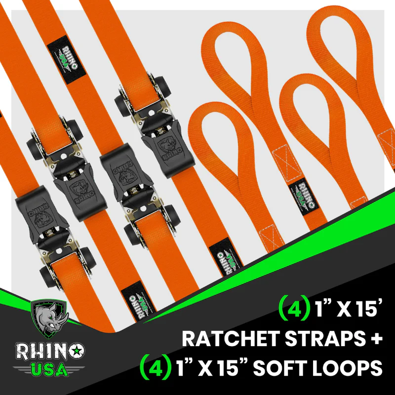 Rhino USA Medium Duty Ratchet Strap Tie-Down 1In X 15Ft (4-Pack) Orange Model RCHT-4PACK-ORG - Image 3
