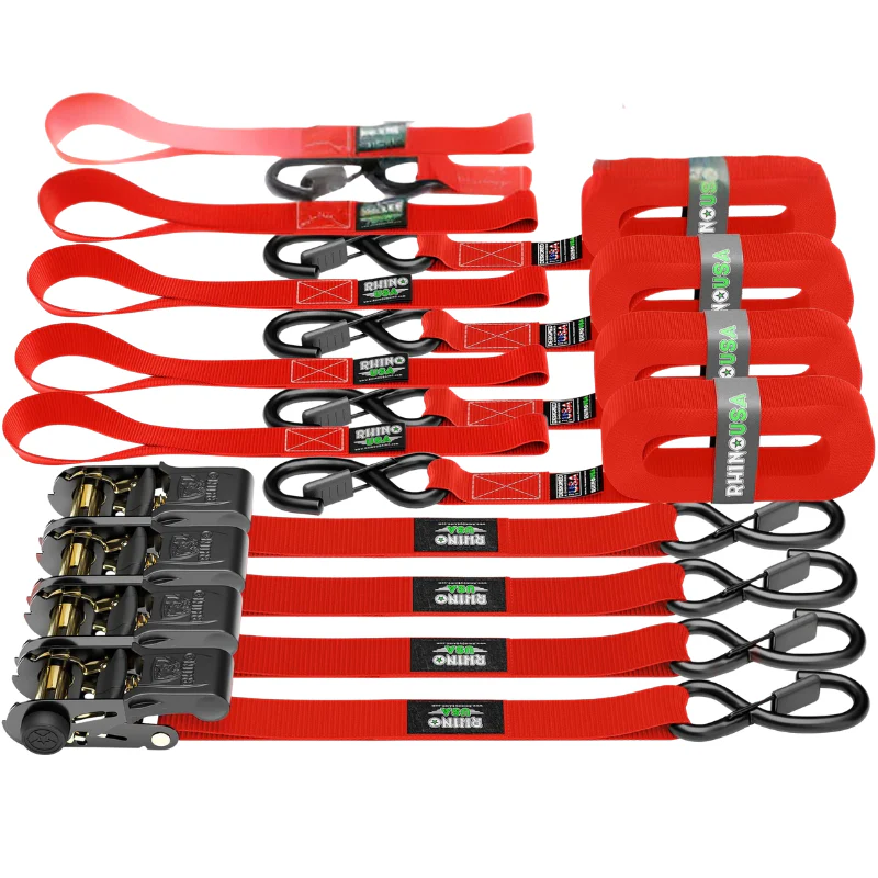 Rhino USA Medium Duty Ratchet Strap Tie-Down 1In X 15Ft (4-Pack) Red Model RCHT-4PACK-RED