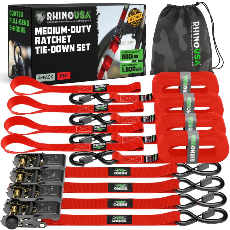 Rhino USA Medium Duty Ratchet Strap Tie-Down 1In X 15Ft (4-Pack) Red Model RCHT-4PACK-RED - Image 2