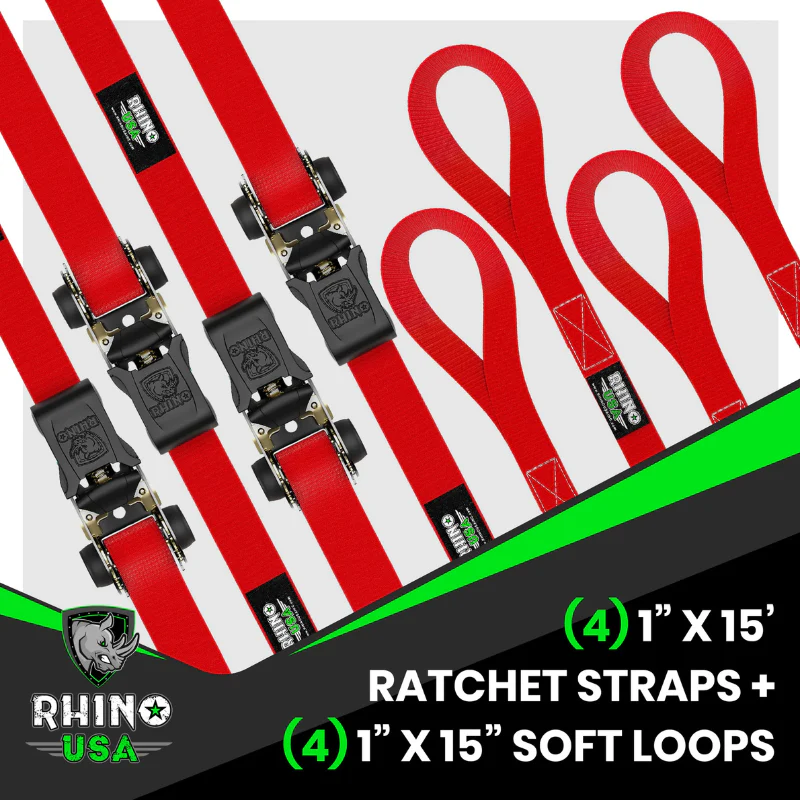 Rhino USA Medium Duty Ratchet Strap Tie-Down 1In X 15Ft (4-Pack) Red Model RCHT-4PACK-RED - Image 4