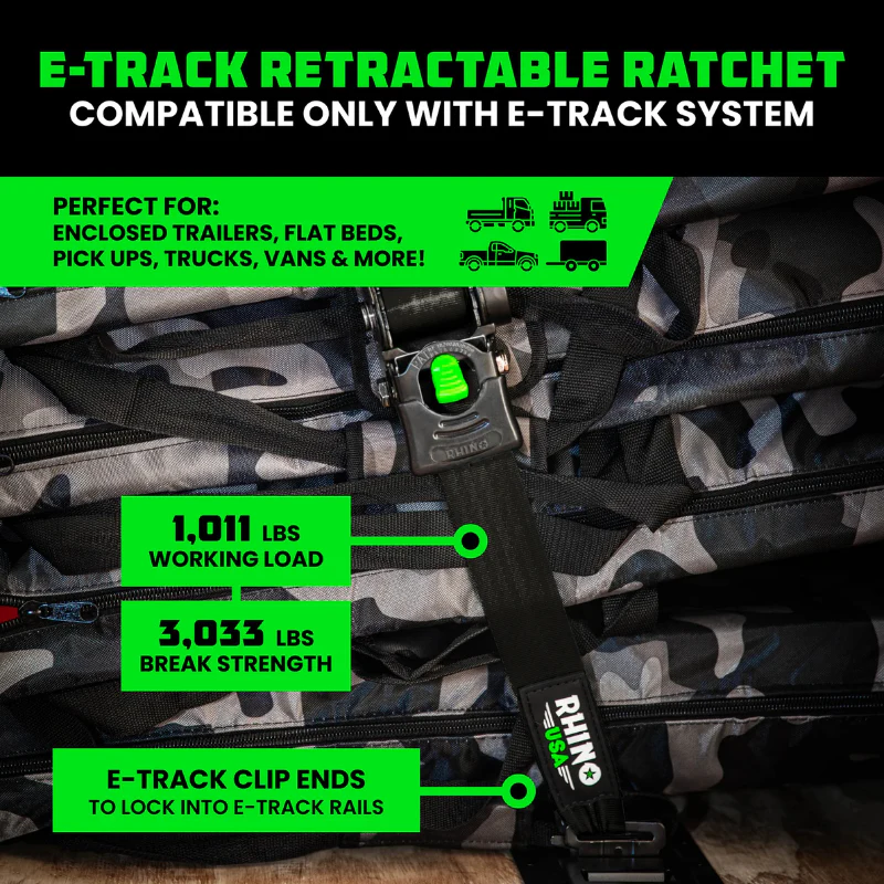Rhino USA Retractable E-Track Ratchet Straps 2In X 10Ft (2-Pack) Black Model TD-RSRE2X10-ETRK-BLK - Image 7