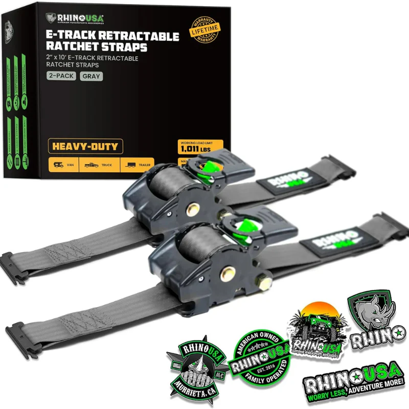 Rhino USA Retractable E-Track Ratchet Straps 2In X 10Ft (2-Pack) Gray Model TD-RSRE2X10-ETRK-GRY - Image 2