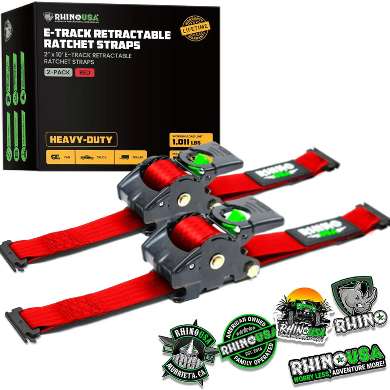 Rhino USA Retractable E-Track Ratchet Straps 2In X 10Ft (2-Pack) Red Model TD-RSRE2X10-ETRK-RED - Image 2