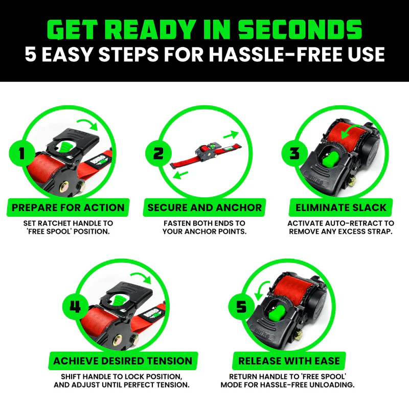 Rhino USA Retractable E-Track Ratchet Straps 2In X 10Ft (2-Pack) Red Model TD-RSRE2X10-ETRK-RED - Image 4