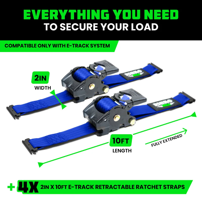 Rhino USA Retractable E-Track Ratchet Straps 2In X 10Ft (4-Pack) Blue Model TD-RSRE2X10-ETRK-4BLU - Image 3
