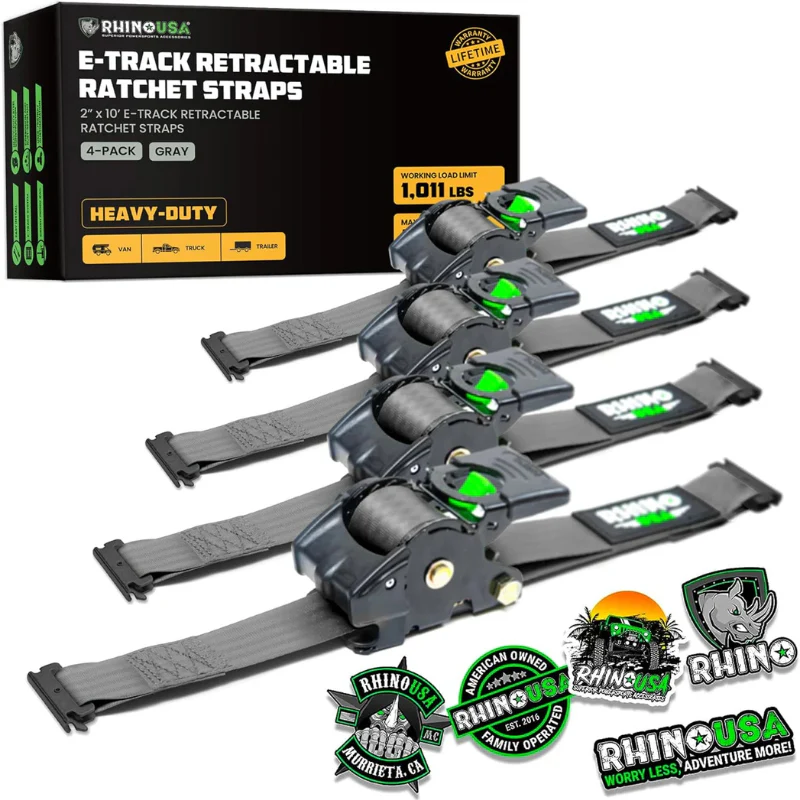 Rhino USA Retractable E-Track Ratchet Straps 2In X 10Ft (4-Pack) Gray Model TD-RSRE2X10-ETRK-4GRY - Image 2