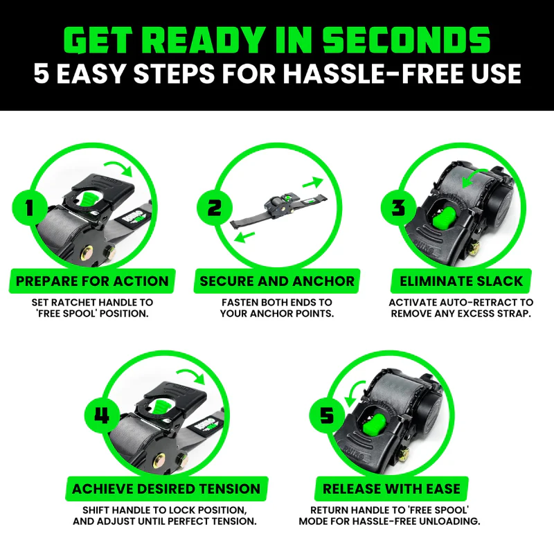 Rhino USA Retractable E-Track Ratchet Straps 2In X 10Ft (4-Pack) Gray Model TD-RSRE2X10-ETRK-4GRY - Image 4