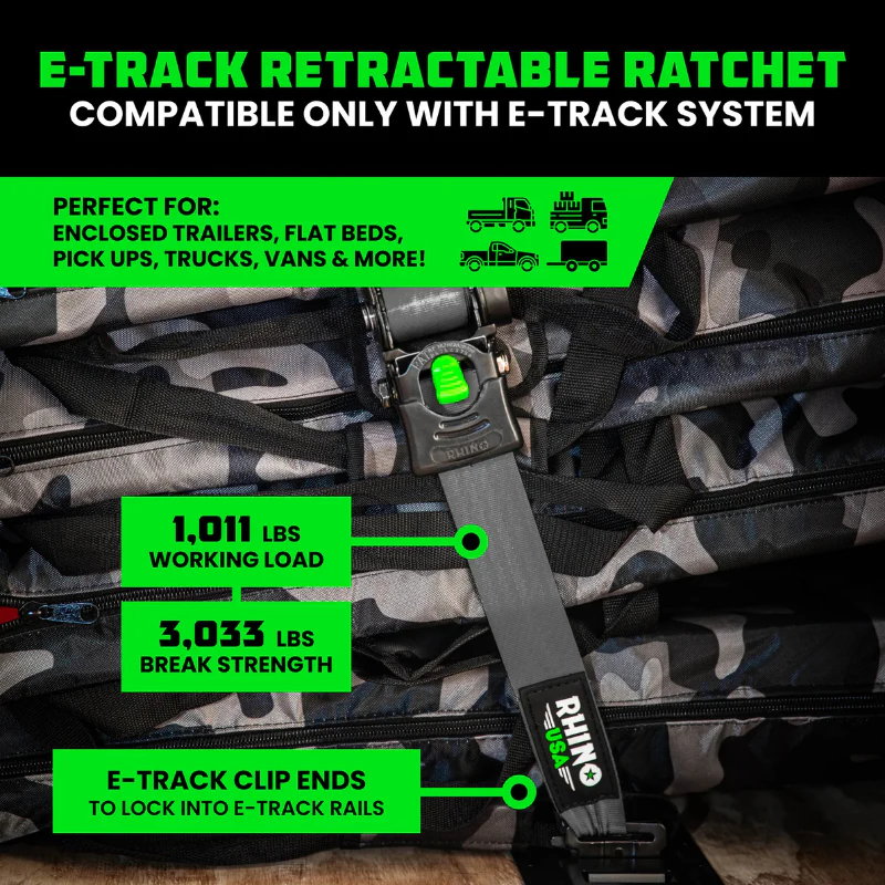 Rhino USA Retractable E-Track Ratchet Straps 2In X 10Ft (4-Pack) Gray Model TD-RSRE2X10-ETRK-4GRY - Image 7