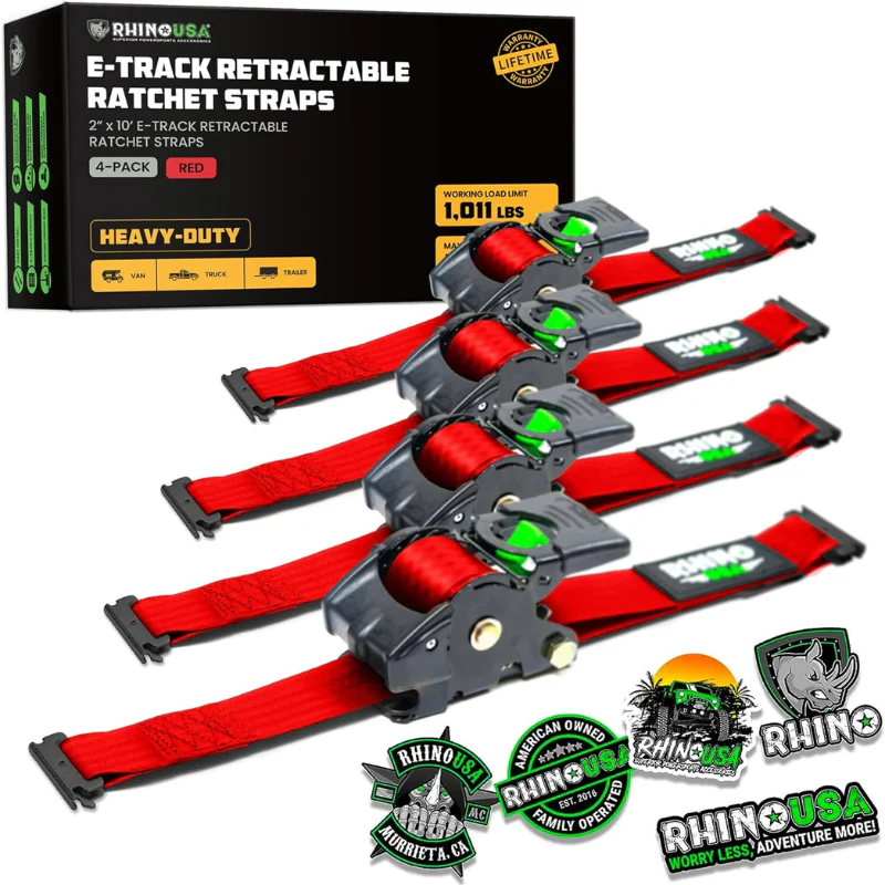 Rhino USA Retractable E-Track Ratchet Straps 2In X 10Ft (4-Pack) Red Model TD-RSRE2X10-ETRK-4RED - Image 2
