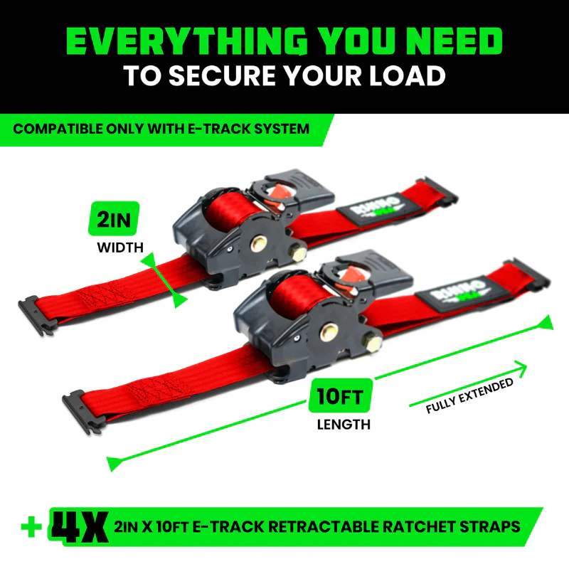 Rhino USA Retractable E-Track Ratchet Straps 2In X 10Ft (4-Pack) Red Model TD-RSRE2X10-ETRK-4RED - Image 3
