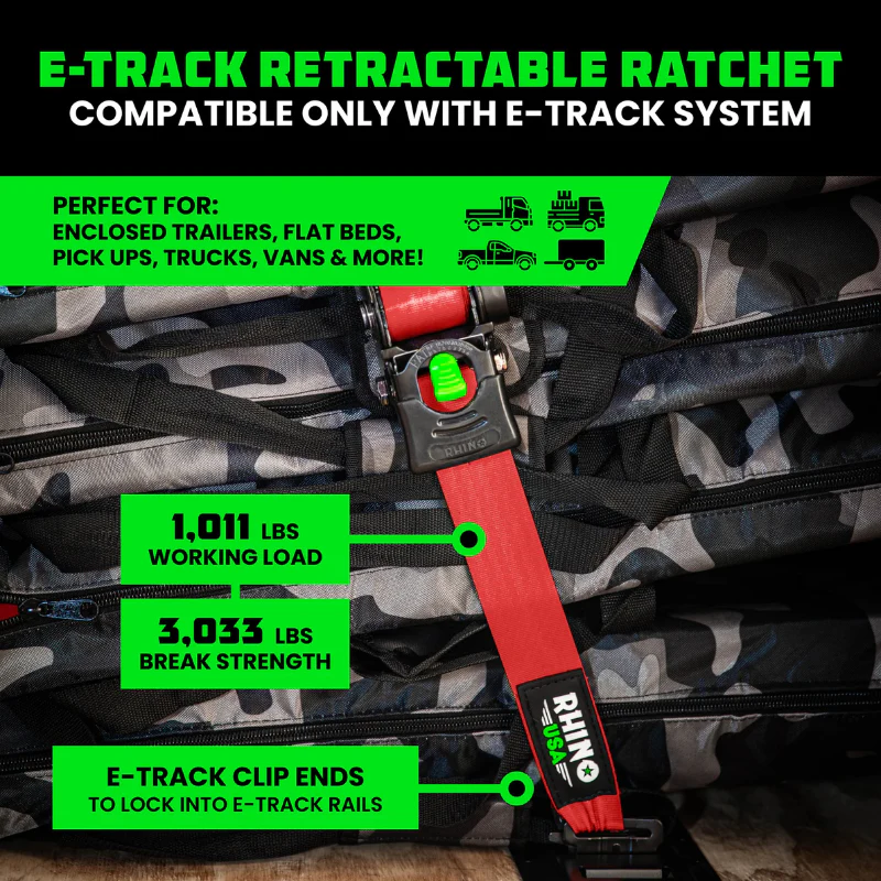 Rhino USA Retractable E-Track Ratchet Straps 2In X 10Ft (4-Pack) Red Model TD-RSRE2X10-ETRK-4RED - Image 6