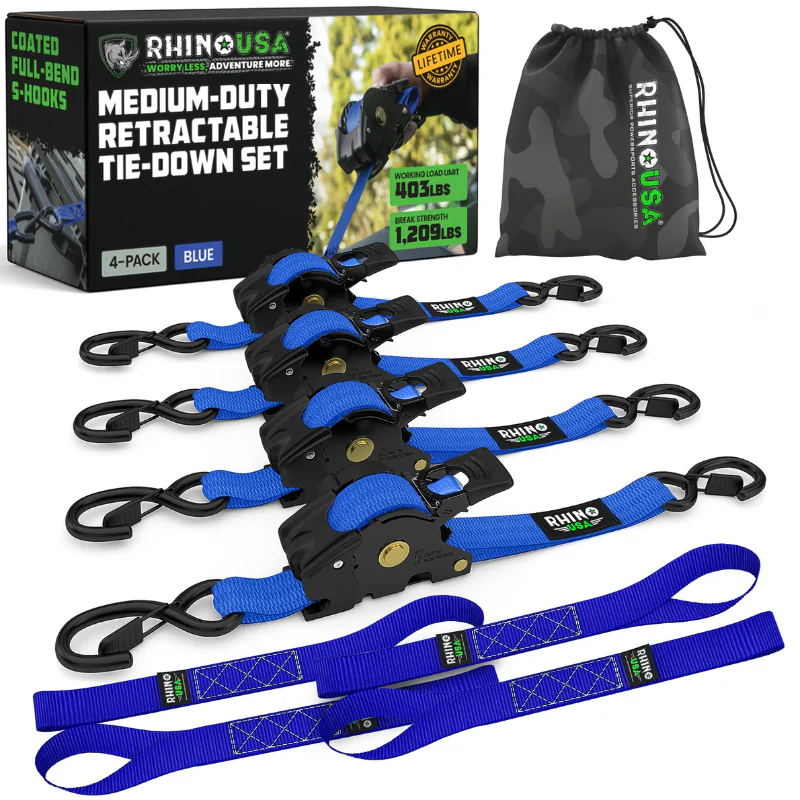 Rhino USA Retractable Ratchet Straps 1In X 10Ft (4-Pack) Blue Model TD-RSRE1X10-BLU-R - Image 2