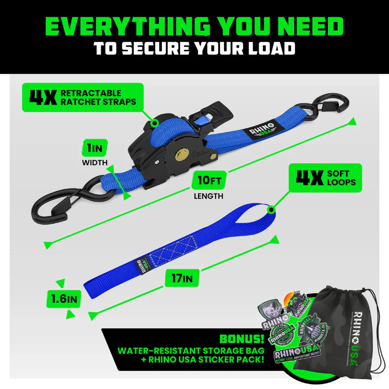 Rhino USA Retractable Ratchet Straps 1In X 10Ft (4-Pack) Blue Model TD-RSRE1X10-BLU-R - Image 4