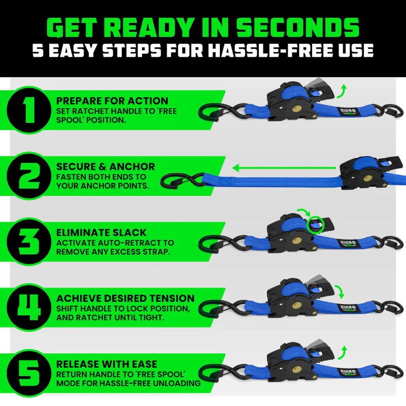 Rhino USA Retractable Ratchet Straps 1In X 10Ft (4-Pack) Blue Model TD-RSRE1X10-BLU-R - Image 5