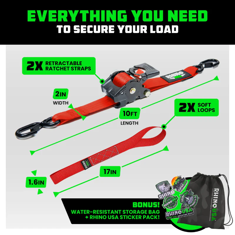 Rhino USA Retractable Ratchet Straps 2In X 10Ft (2-Pack) Red Model TD-RSRE2X10-RED-R - Image 4