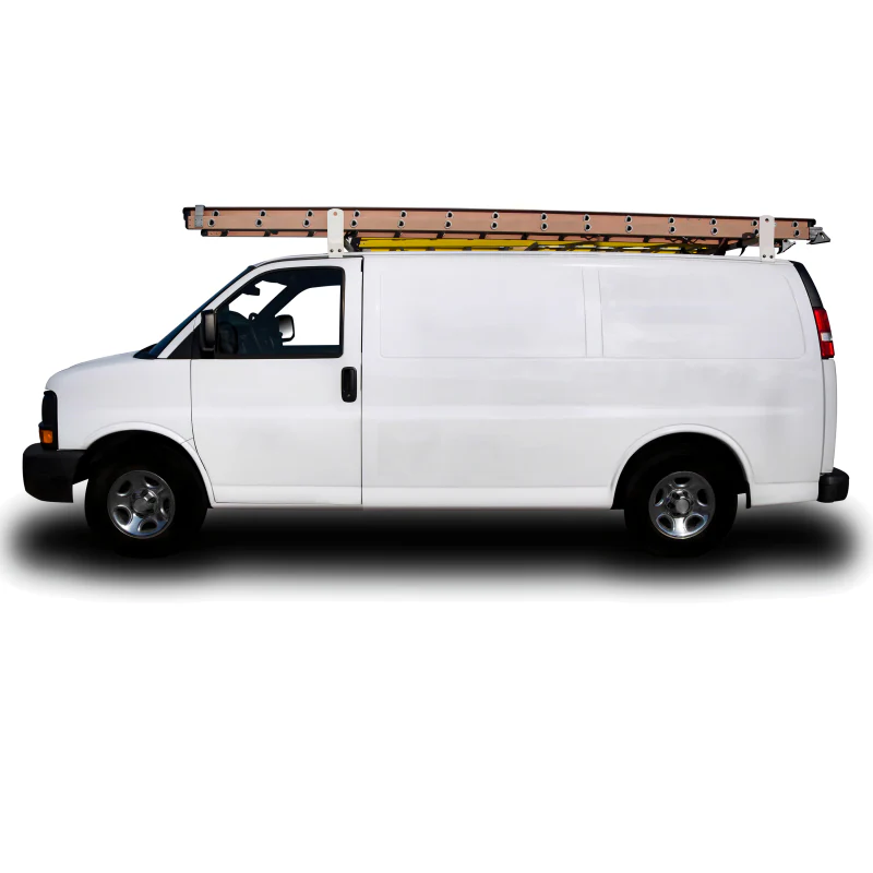 TrailFX Universal 2 Bar Van Ladder Rack W/Gutters 600 LB Capacity 53" To 63" Adjustable Length White Steel Model FCLR004W - Image 3